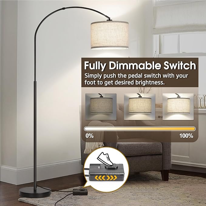 Dimmable Floor Lamp, Arc Floor Lamp with Dimmer, Black Standing Lamp with Adjustable Hanging Shade, Over Couch Tall Reading Light, Modern Pole Lamp for Living Room Bedroom, 9W LED Bulb Included - LeafyLoom
