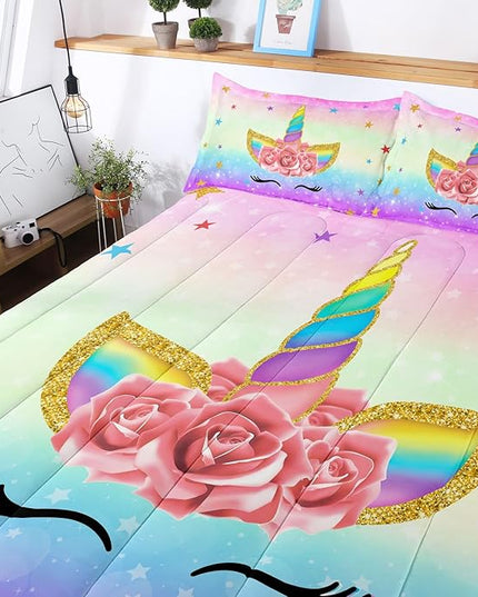 Unicorn Bedding Twin for Girls, Colorful Rainbow Comforter Set with Pink Unicorn Bedding Comforter, Cute Bed Set for Kids Teens, Ultra Soft and Fluffy - LeafyLoom