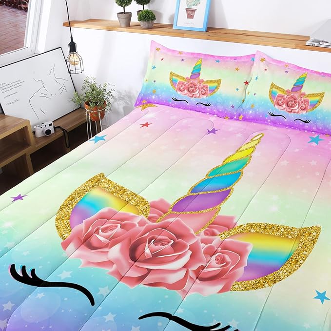 Unicorn Bedding Twin for Girls, Colorful Rainbow Comforter Set with Pink Unicorn Bedding Comforter, Cute Bed Set for Kids Teens, Ultra Soft and Fluffy - LeafyLoom