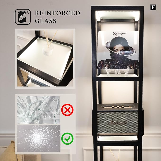 FENLO Fantasy Pro - 66" Glass Dimmable LED Floor Lamp with Shelves for Bedroom, Tempered Glass Display Shelf Lamp for Living Room, Open Display Stand for Business, Long Lasting LED, Unique Home Decor - LeafyLoom