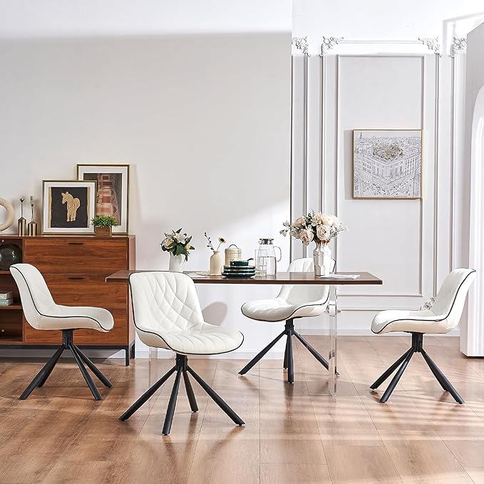 YOUNUOKE Upholstered Dining Chairs Set of 2 Comfortable Mid Century Modern Kitchen Chair with Sturdy Metal Legs Faux Leather Dinner Chairs for Kitchen Dining Room, White - LeafyLoom