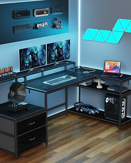 L Shaped Gaming Desk with File Drawes,Computer Desk with Led Lights & Power Outlets, Reversible Office Desk with Shelves Black - LeafyLoom