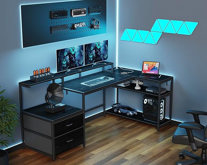 L Shaped Gaming Desk with File Drawes,Computer Desk with Led Lights & Power Outlets, Reversible Office Desk with Shelves Black - LeafyLoom