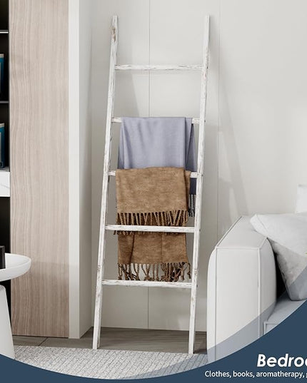 5-Tier Blanket Ladder Wooden, 5.3FT(63'') Blanket Quilt Holder Rack Decorative Ladder, Easy Assembly, Rustic Farmhouse Ladder Shelf for The Living Room Bedroom Bathroom Home Decor, White Wash - LeafyLoom