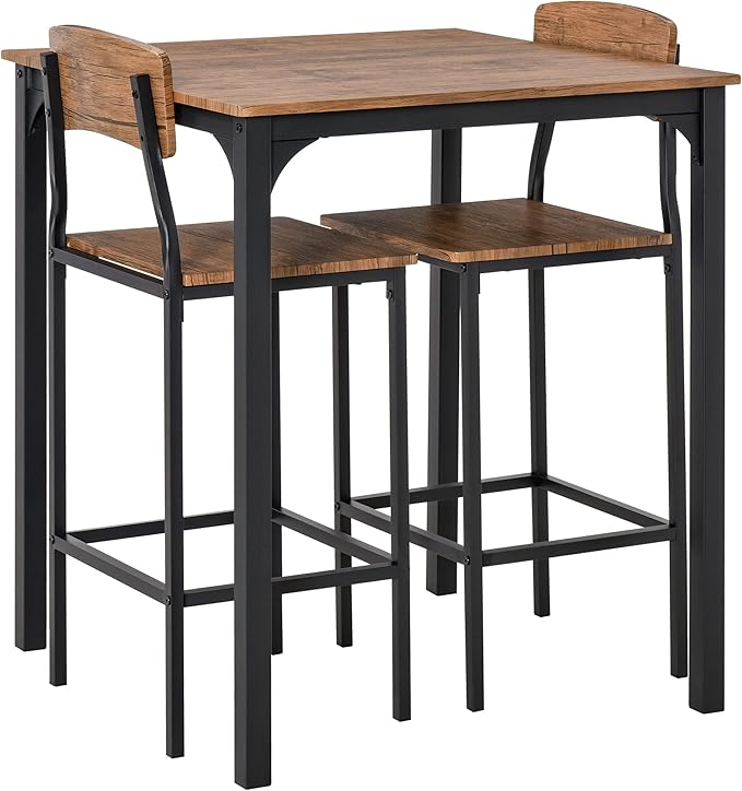 NicBex Kitchen Table for 2 Dining Room Set 3 Piece Bar Table Set, Industrial Counter Height Dining Table Set, Bar Table & Chairs with Steel Legs & Footrests, Rustic Brown - LeafyLoom
