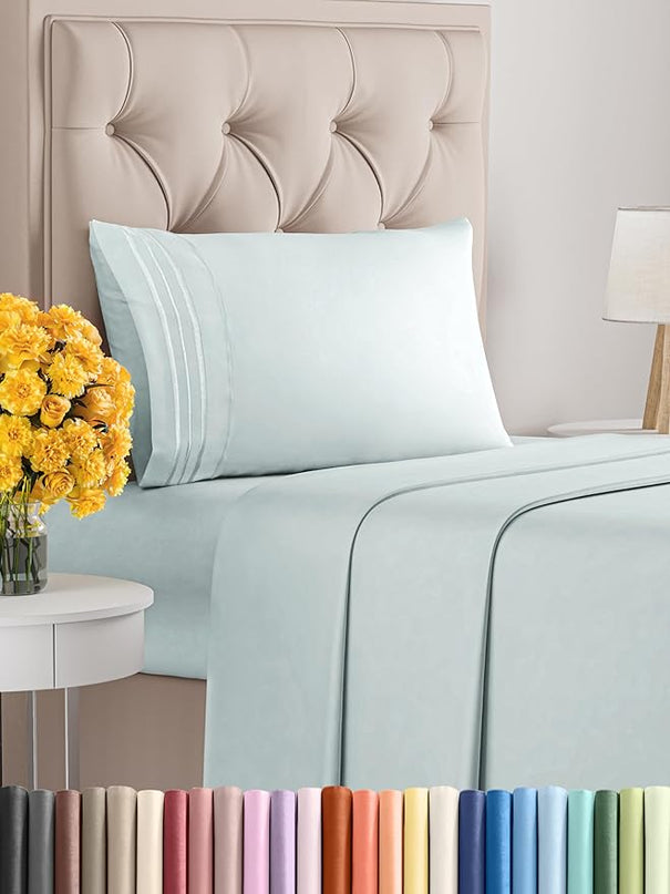 Twin Size 3 Piece Sheet Set - Comfy Breathable & Cooling Sheets - Hotel Luxury Bed Sheets for Women & Men - Deep Pockets, Easy-Fit, Extra Soft & Wrinkle Free Sheets - Ice Blue Oeko-Tex Bed Sheet Set - LeafyLoom