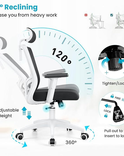 Office Chair Ergonomic Desk Chair High Back Computer Chair Swivel Mesh Task Chair with Adjustable Lumbar Support Armrests Headrest White - LeafyLoom