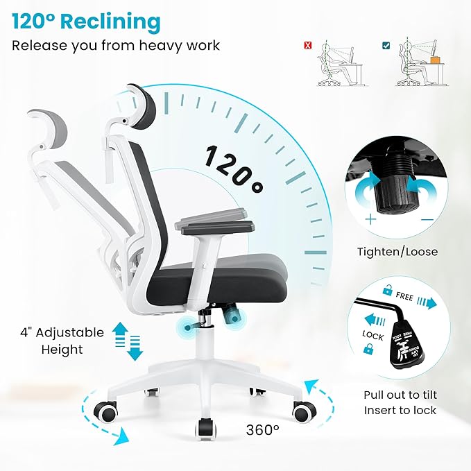 Office Chair Ergonomic Desk Chair High Back Computer Chair Swivel Mesh Task Chair with Adjustable Lumbar Support Armrests Headrest White - LeafyLoom