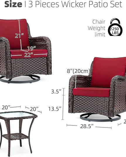 IDEALHOUSE 3 Pieces Outdoor Wicker Swivel Rocker Patio Set, 360-Degree Swivel Rocking Chair Elegant Wicker Patio Bistro Set with Tempered Glass Top Side Table (Rust Color) - LeafyLoom