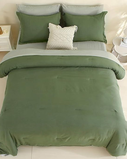 MILDLY King Size Comforter Set 7 Piece Color Clash, Olive Green Bed in a Bag, All Season Bedding Sets with 1 Comforter, 2 Pillow Shams, 2 Pillowcases, 1 Flat Sheet, 1 Fitted Sheet - LeafyLoom