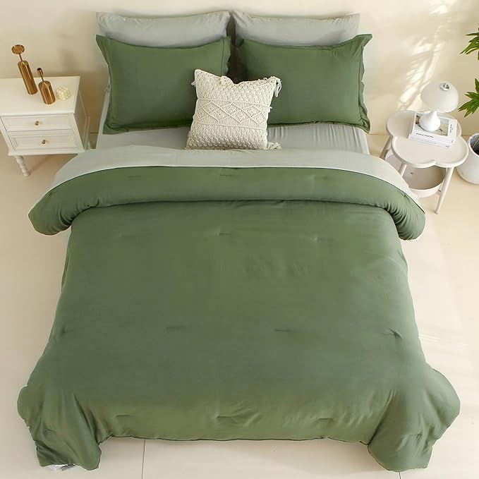 MILDLY King Size Comforter Set 7 Piece Color Clash, Olive Green Bed in a Bag, All Season Bedding Sets with 1 Comforter, 2 Pillow Shams, 2 Pillowcases, 1 Flat Sheet, 1 Fitted Sheet - LeafyLoom