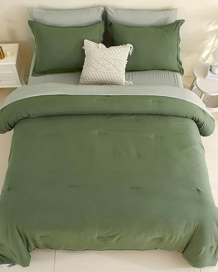MILDLY Full Size Comforter Set 7 Piece Color Clash, Olive Green Bed in a Bag, All Season Bedding Sets with 1 Comforter, 2 Pillow Shams, 2 Pillowcases, 1 Flat Sheet, 1 Fitted Sheet - LeafyLoom