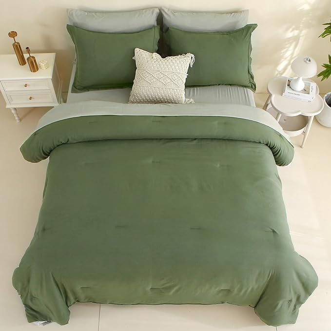 MILDLY Full Size Comforter Set 7 Piece Color Clash, Olive Green Bed in a Bag, All Season Bedding Sets with 1 Comforter, 2 Pillow Shams, 2 Pillowcases, 1 Flat Sheet, 1 Fitted Sheet - LeafyLoom