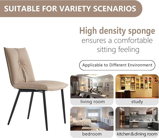 YOUTASTE Dining Chairs Set of 2 Mid Century Modern Upholstered Kitchen Chairs Soft Padded Side Chairs Leather Dinner Chairs with Metal Legs for Living Room Bedroom, Khaki - LeafyLoom