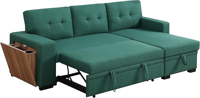 92" Sleeper Couch with Storage Chaise,L-Shape Sectional Pull Bed W/USB & Cup Holder,Built-in Wood Shelf Armrest,3 Seat Linen Convertible Sofas for Living Room Office Flats,Green - LeafyLoom