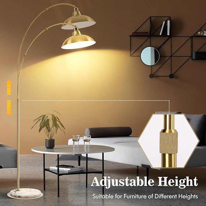 Gold Brass Arc Floor Lamp for Living Room - Mid Century Modern Standing Lamp, Overhanging Floor Lamps, Arch Stand Up Lamp & Floor Light with White Marble Base, Ideal for Bedroom Study Room - LeafyLoom