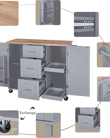 Kitchen Island with Storage, Spice Rack & Tower Rack, Mobile Rolling Kitchen-Cart on Wheels w/Rubber Wood Top, 3 Drawer, 2 Slide-Out Shelf and Internal Storage Rack - LeafyLoom
