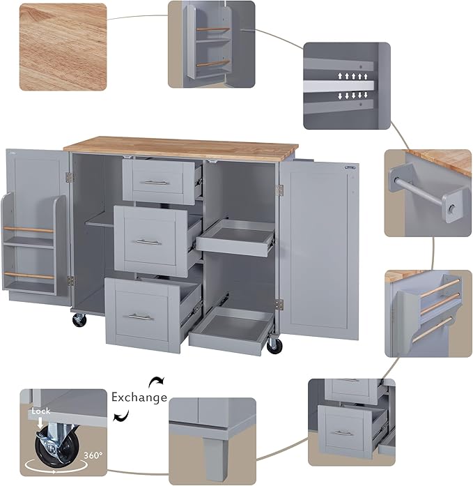Kitchen Island with Storage, Spice Rack & Tower Rack, Mobile Rolling Kitchen-Cart on Wheels w/Rubber Wood Top, 3 Drawer, 2 Slide-Out Shelf and Internal Storage Rack - LeafyLoom