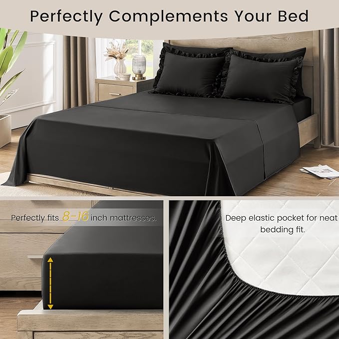 Twin Bed in a Bag 5 Pieces Comforter Set Twin, Ruffle Shabby Chic Bedding Comforter Set Black Bed Set with Comforter, Pillowcase, Flat Sheet, Fitted Sheet and Pillow Sham - LeafyLoom