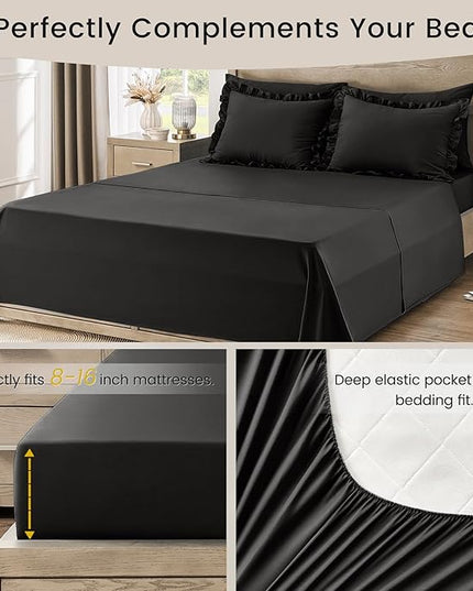King Size Bed in a Bag 7 Pieces King Size Comforter Set, Ruffle Shabby Chic Bedding Comforter Set Black Bed Set with Comforter, Pillowcases, Flat Sheet, Fitted Sheet and Pillow Shams - LeafyLoom