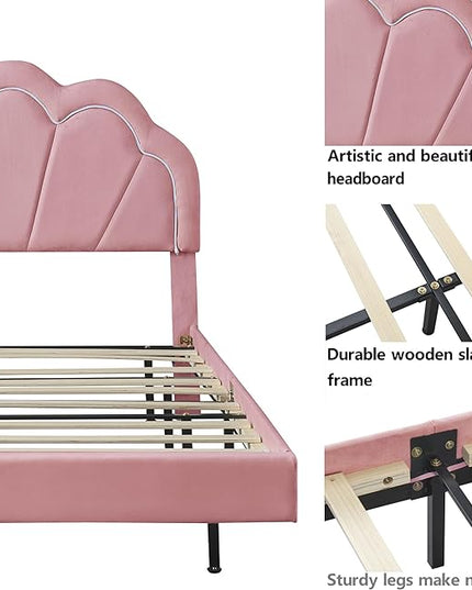 Queen Upholstered Smart LED Bed Frame with Elegant Flowers Headboard, Floating Velvet Platform LED Bed with Wooden Slats Support, No Box Spring Needed, Easy Assembly, Pink - LeafyLoom