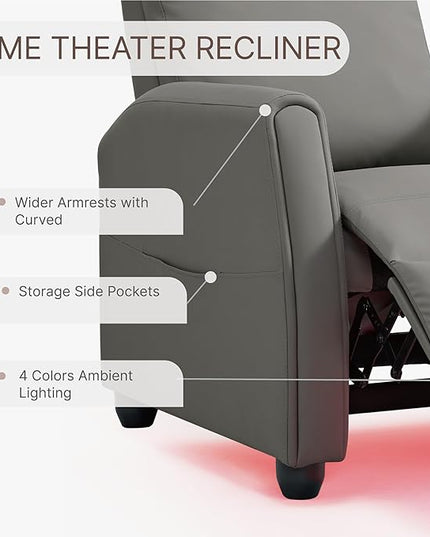 Recliner Chair for Adults PU Leather Push Back Armchair with 4 Colors Ambient Lighting Home Theater Seating with Massage & Heat Vibration Single Sofa for Living Room, Gray - LeafyLoom