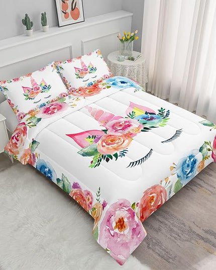 Datura home Unicorn Floral Watercolor Flower Comforter Bedding Set for Girls Teens Adults,Colorful Lovely Roses Blooms Print Design Unicorn Bedding Set(Unicorn Full) - LeafyLoom