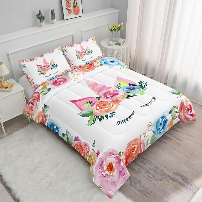 Datura home Unicorn Floral Watercolor Flower Comforter Bedding Set for Girls Teens Adults,Colorful Lovely Roses Blooms Print Design Unicorn Bedding Set(Unicorn Full) - LeafyLoom