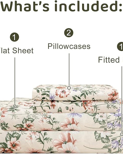 QSH Floral Egyptian Cotton Sheets King Size - Pink Flowers Green Leaves Pattern Printed Bedding King Size Bed Sheets 17.5" Extra Deep Pocket 4pcs - LeafyLoom