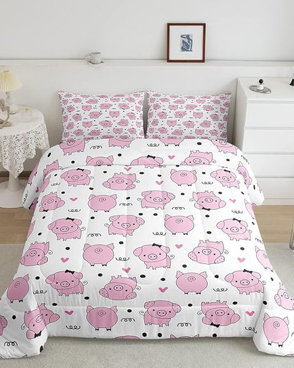 Erosebridal Pink Pig Comforter Set for Girls Kawaii Room Decor Twin,Cute Pigs Bedding Set for Kids Boys Children Farm Animal Quilted Duvet Sets Cartoom Style Soft Lightweight Down Comforter 2 Pcs - LeafyLoom