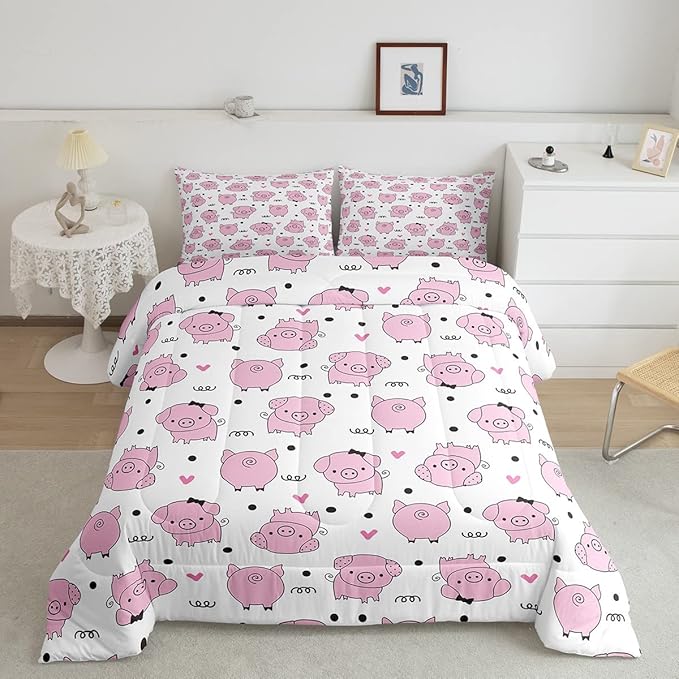 Erosebridal Pink Pig Comforter Set for Girls Kawaii Room Decor Twin,Cute Pigs Bedding Set for Kids Boys Children Farm Animal Quilted Duvet Sets Cartoom Style Soft Lightweight Down Comforter 2 Pcs - LeafyLoom