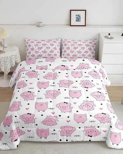 Erosebridal Pink Pig Comforter Set for Girls Kawaii Room Decor King,Cute Pigs Bedding Set for Kids Boys Children Farm Animal Quilted Duvet Sets Cartoom Style Soft Lightweight Down Comforter 3 Pcs - LeafyLoom