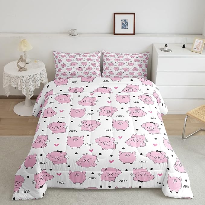 Erosebridal Pink Pig Comforter Set for Girls Kawaii Room Decor King,Cute Pigs Bedding Set for Kids Boys Children Farm Animal Quilted Duvet Sets Cartoom Style Soft Lightweight Down Comforter 3 Pcs - LeafyLoom