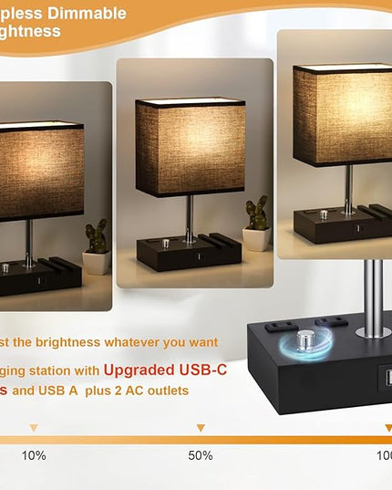Kakanuo Table Lamp for Bedroom with Dual USB Ports, Fully Dimmable Black Bedside Lamp with Phone Stands and 2 Charging Outlets, Desk Lamp for Nightstand and Living Room, LED Bulb Included - LeafyLoom