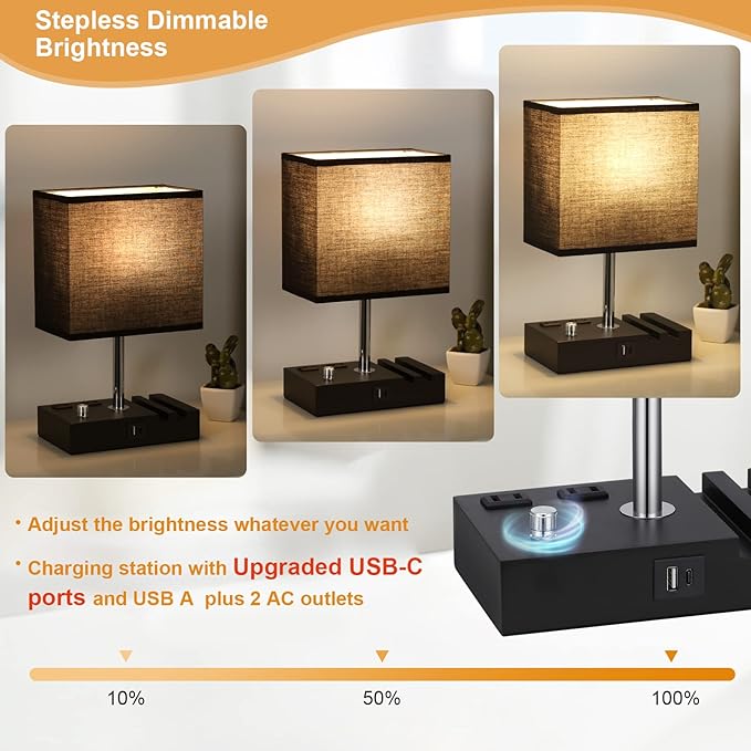 Kakanuo Table Lamp for Bedroom with Dual USB Ports, Fully Dimmable Black Bedside Lamp with Phone Stands and 2 Charging Outlets, Desk Lamp for Nightstand and Living Room, LED Bulb Included - LeafyLoom