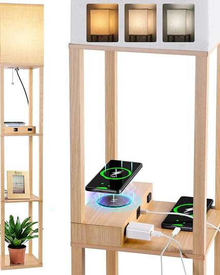 Dott Arts Floor Lamp with Shelves, Shelf Lamp with Wireless Charger & USB A+C Ports & 2 AC Outlets,3 Color Temperature Corner Tall Standing Floor Lamps for Living Room, Bedroom, Office (Burlywood) - LeafyLoom