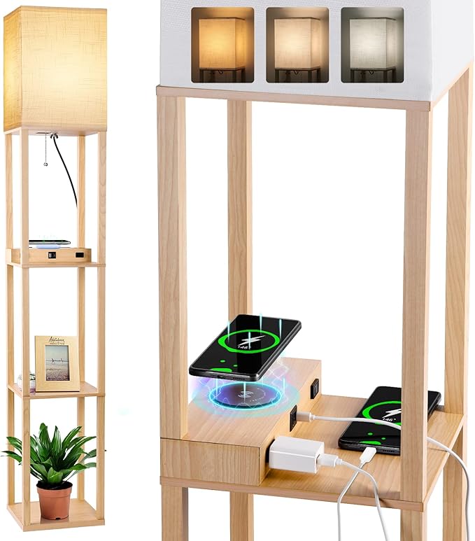 Dott Arts Floor Lamp with Shelves, Shelf Lamp with Wireless Charger & USB A+C Ports & 2 AC Outlets,3 Color Temperature Corner Tall Standing Floor Lamps for Living Room, Bedroom, Office (Burlywood) - LeafyLoom