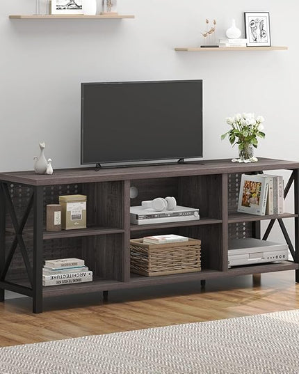 LVB Gray TV Stand for 75 Inch TV, Long Rustic Wood Entertainment Center, Large Farmhouse Media tv console with Storage, Metal Industrial television stands Cabinet for Bedroom, Dark Gray Oak, 63 Inch - LeafyLoom