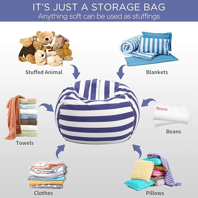 Aubliss Stuffed Animal Bean Bag Storage Chair (Royal Blue/White Striped, X-Large (48'')) - LeafyLoom