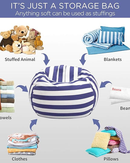 Aubliss Stuffed Animal Bean Bag Storage Chair (Royal Blue/White Striped, Large (38'')) - LeafyLoom