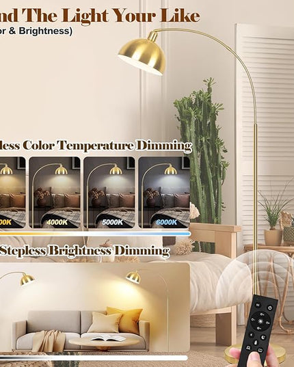 【Upgraded】 Arc Floor Lamps for Living Room - Stepless Dimmable Gold Tall Lamp with Remote Control & Color Temperature 9W LED Bulb, Over Couch Arched Reading Standing Lamp for Bedroom Brass - LeafyLoom