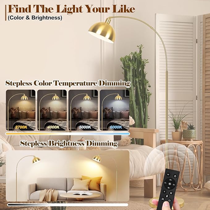【Upgraded】 Arc Floor Lamps for Living Room - Stepless Dimmable Gold Tall Lamp with Remote Control & Color Temperature 9W LED Bulb, Over Couch Arched Reading Standing Lamp for Bedroom Brass - LeafyLoom