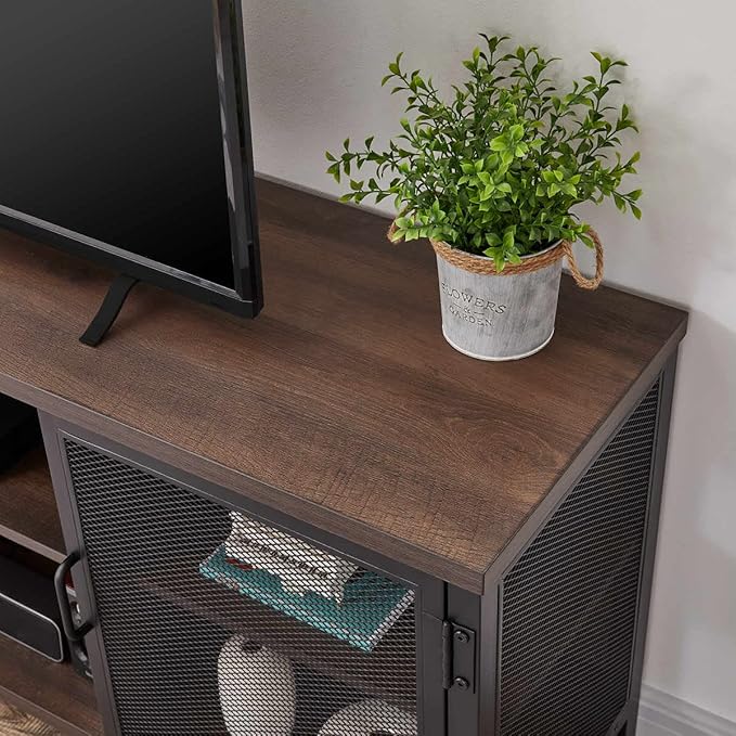 FATORRI Industrial Entertainment Center for TVs up to 65 Inch, Rustic Wood TV Stand, Large TV Console and TV Cabinet for Living Room (60 Inch Wide, Walnut Brown) - LeafyLoom