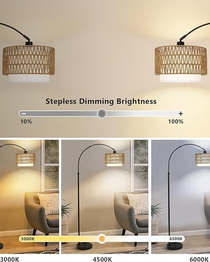Arc Floor Lamp with Remote, Modern LED Floor Lamp with Dimmable Bulb, Boho Farmhouse Standing lamp with Fabric & Rattan Lampshades, Height Adjustable Black Tall Lamp for Living Room Bedroom - LeafyLoom