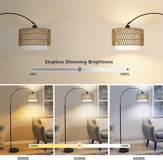 Arc Floor Lamp with Remote, Modern LED Floor Lamp with Dimmable Bulb, Boho Farmhouse Standing lamp with Fabric & Rattan Lampshades, Height Adjustable Black Tall Lamp for Living Room Bedroom - LeafyLoom