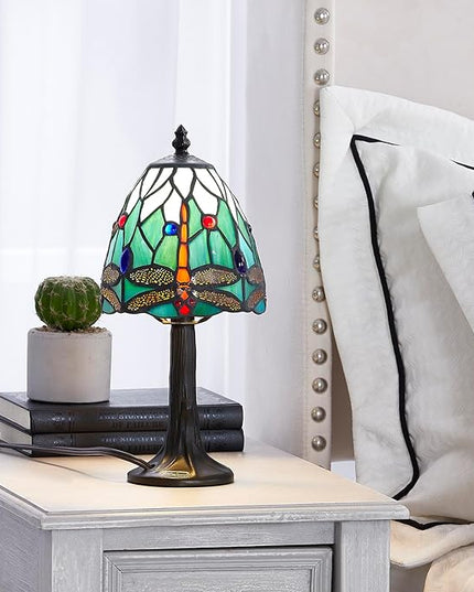 Stained Glass Dragonfly Design Table or Desk Light, Tiffany Style mini table Lamp-, LED Bulb Included-Vintage Look Colorful Accent Decor - LeafyLoom