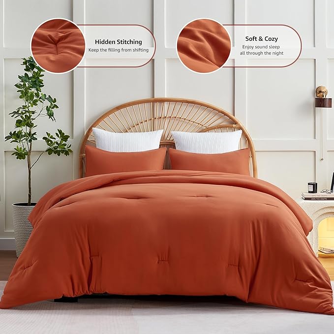 CozyLux Terracotta Comforter Set Twin/Twin XL Size, 2 Pieces Twin Extra Long Solid Burnt Orange Breathable Boho Style Bedding Sets, Luxury Soft Comforter All Season(1 Comforter & 1 Pillowcase) - LeafyLoom