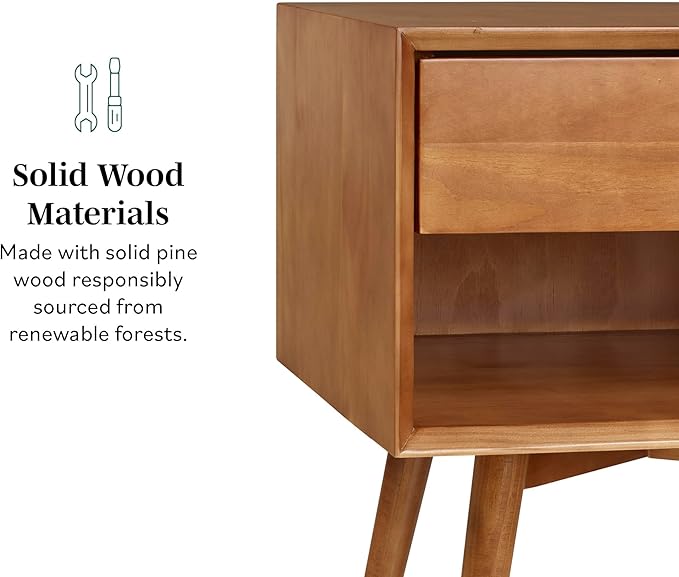 Walker Edison Mid Century Modern Wood Nightstand Side Table Bedroom Storage Drawer and Shelf Bedside End Table, 1 Drawer, Walnut - LeafyLoom