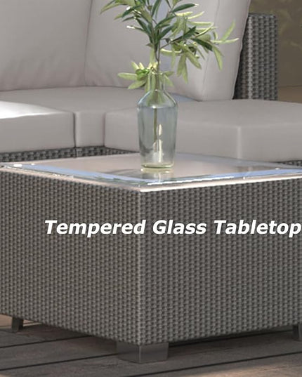 GAOMON 5-Piece Outdoor Patio Rattan Wicker Sofa Set, Pe Rattan Conversation Sectional with Thickened Back Cushion, Glass Tabletop, Ottoman - Ideal for Courtyard Space, Light-grey - LeafyLoom