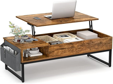 Aheaplus Lift Top Coffee Table with Storage, Wood Lifting Top Central Table Metal Frame, 43.3" Lift Tabletop Tea Table with Side Pouch, Cocktail Table Modern Pop up Adjustable Table for Living Room - LeafyLoom